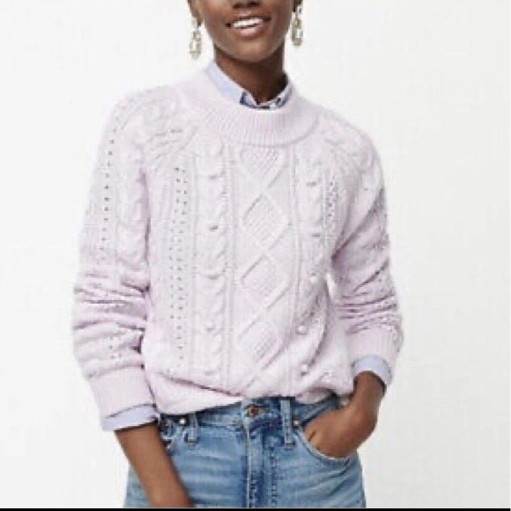 J Crew Pom Pom Cable Knit Mock Neck Sweater VTG Lilac Womens L Azra Wool Blend - Picture 2 of 9